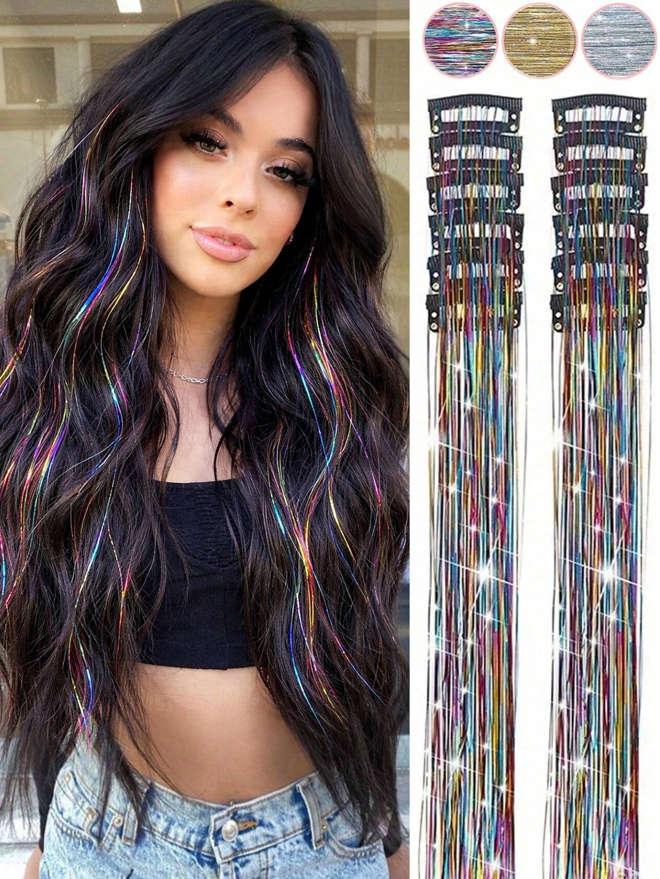 12-Piece Glittering Hair Clip Set, 20-Inch Clip-On Synthetic Hair Extensions, Heat-Resistant Fairy Hair Accessories, Perfect For Holidays And Parties