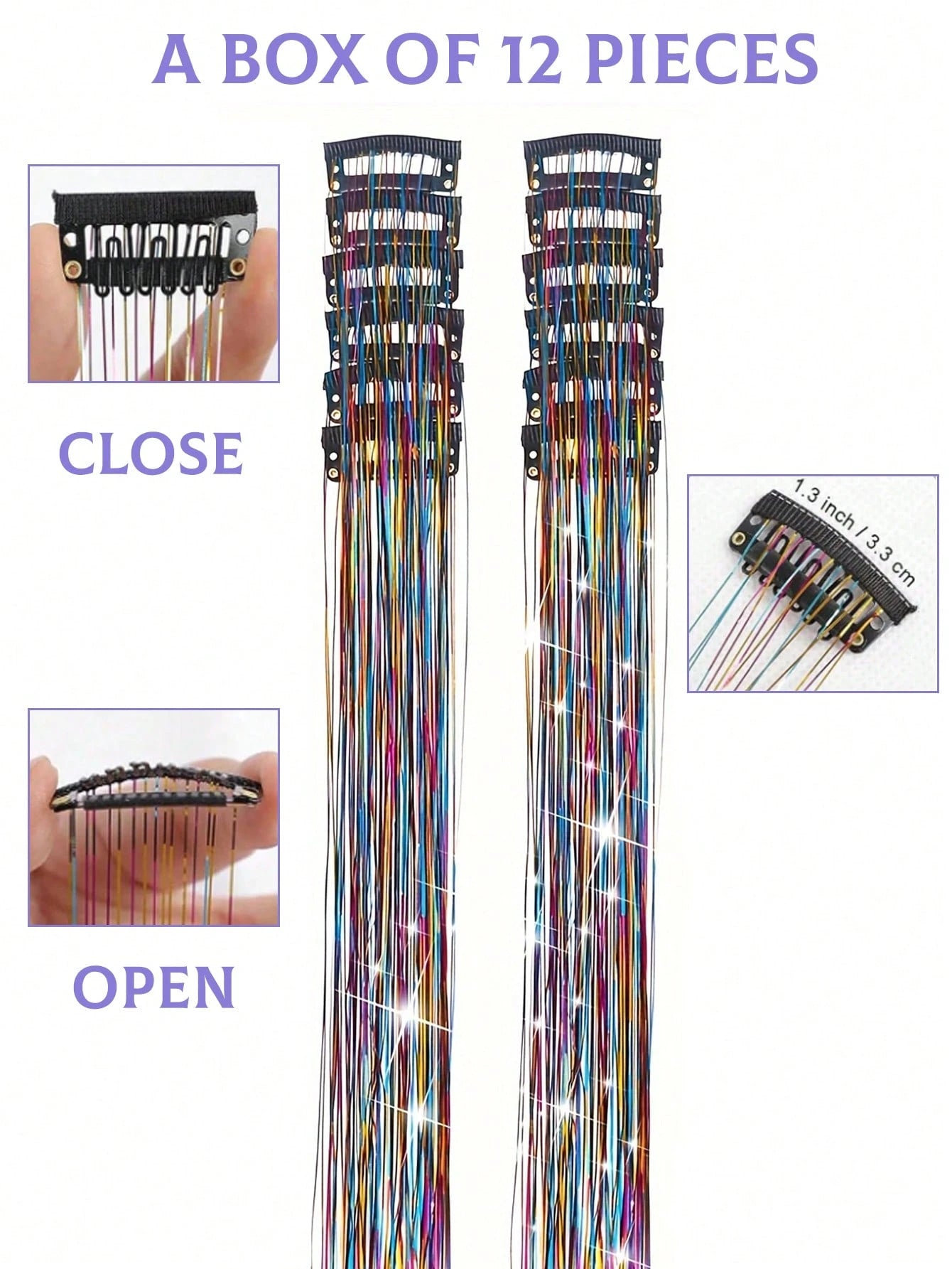 12-Piece Glittering Hair Clip Set, 20-Inch Clip-On Synthetic Hair Extensions, Heat-Resistant Fairy Hair Accessories, Perfect For Holidays And Parties