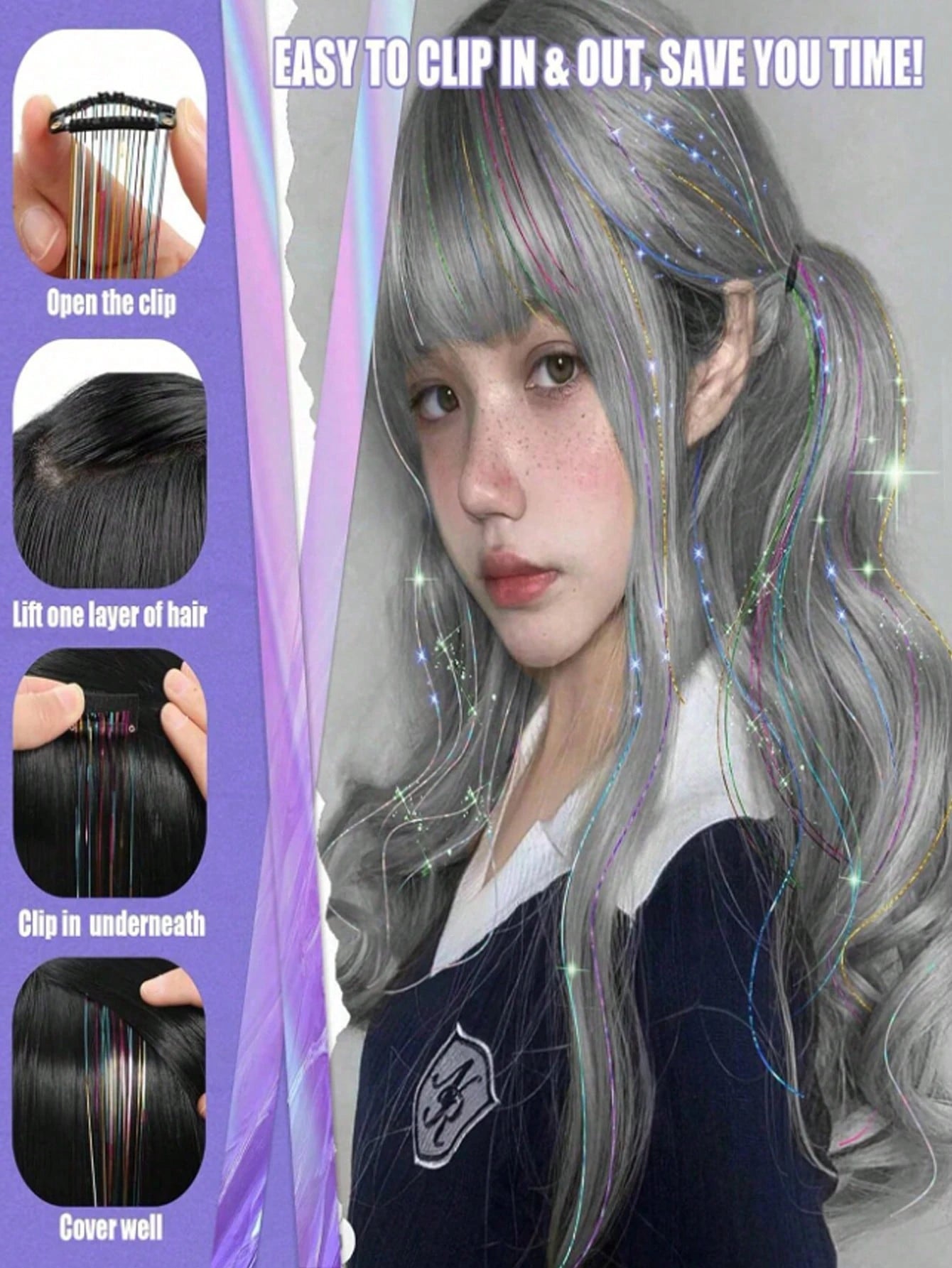 12-Piece Glittering Hair Clip Set, 20-Inch Clip-On Synthetic Hair Extensions, Heat-Resistant Fairy Hair Accessories, Perfect For Holidays And Parties