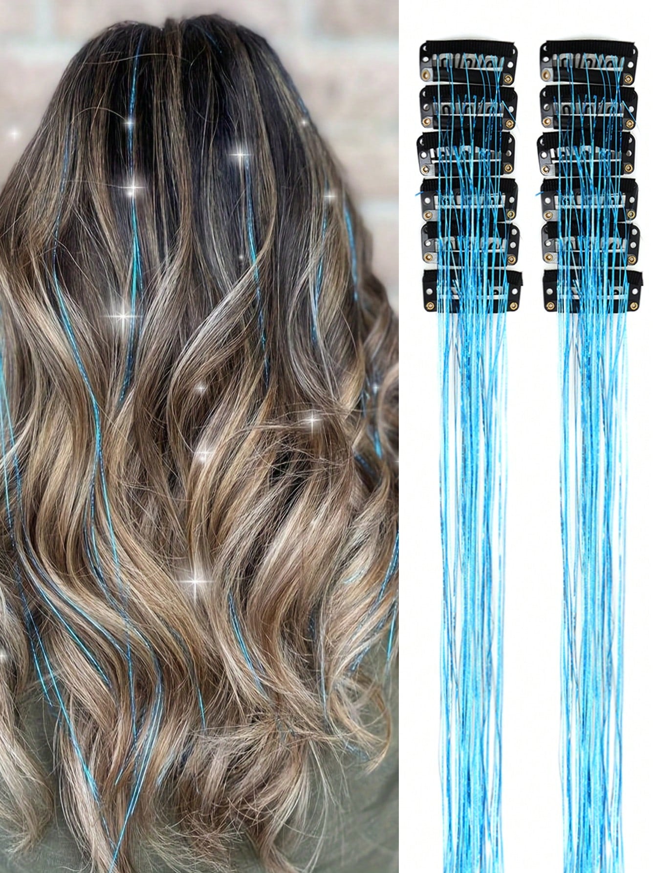 12-Piece Glittering Hair Clip Set, 20-Inch Clip-On Synthetic Hair Extensions, Heat-Resistant Fairy Hair Accessories, Perfect For Holidays And Parties