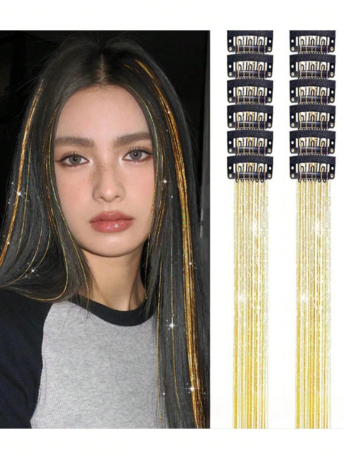 12-Piece Glittering Hair Clip Set, 20-Inch Clip-On Synthetic Hair Extensions, Heat-Resistant Fairy Hair Accessories, Perfect For Holidays And Parties