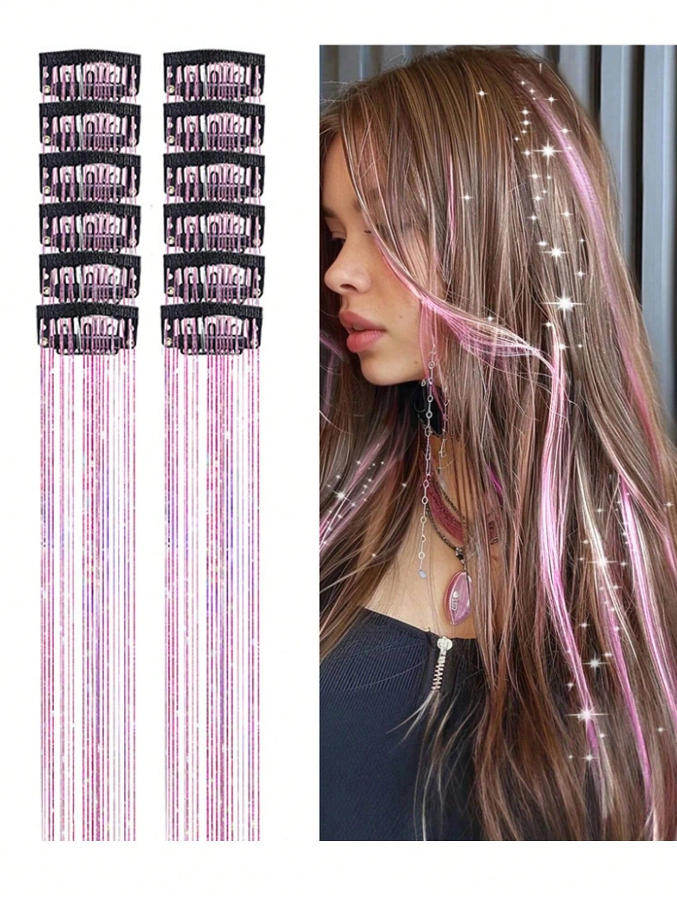 12-Piece Glittering Hair Clip Set, 20-Inch Clip-On Synthetic Hair Extensions, Heat-Resistant Fairy Hair Accessories, Perfect For Holidays And Parties