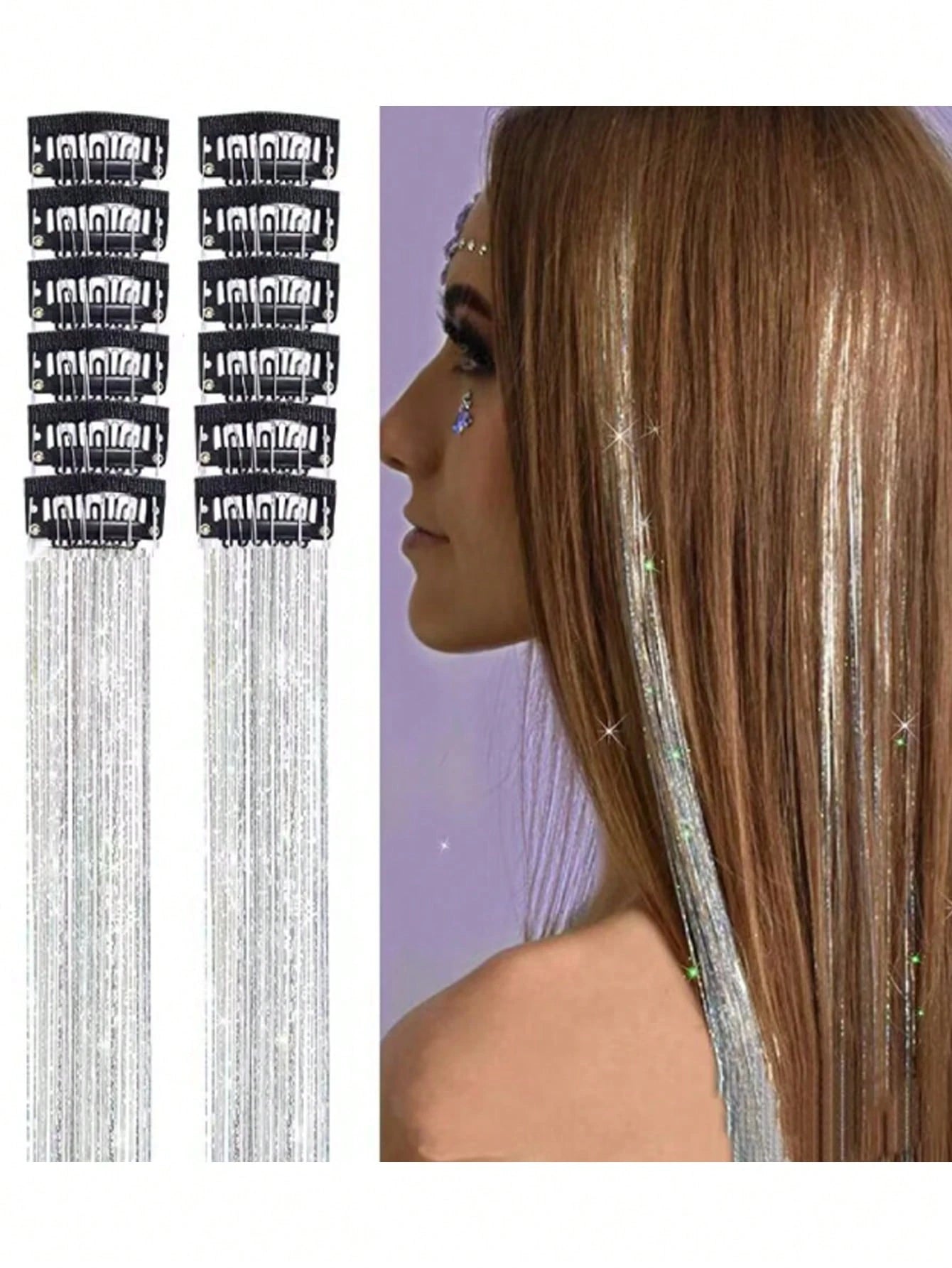 12-Piece Glittering Hair Clip Set, 20-Inch Clip-On Synthetic Hair Extensions, Heat-Resistant Fairy Hair Accessories, Perfect For Holidays And Parties