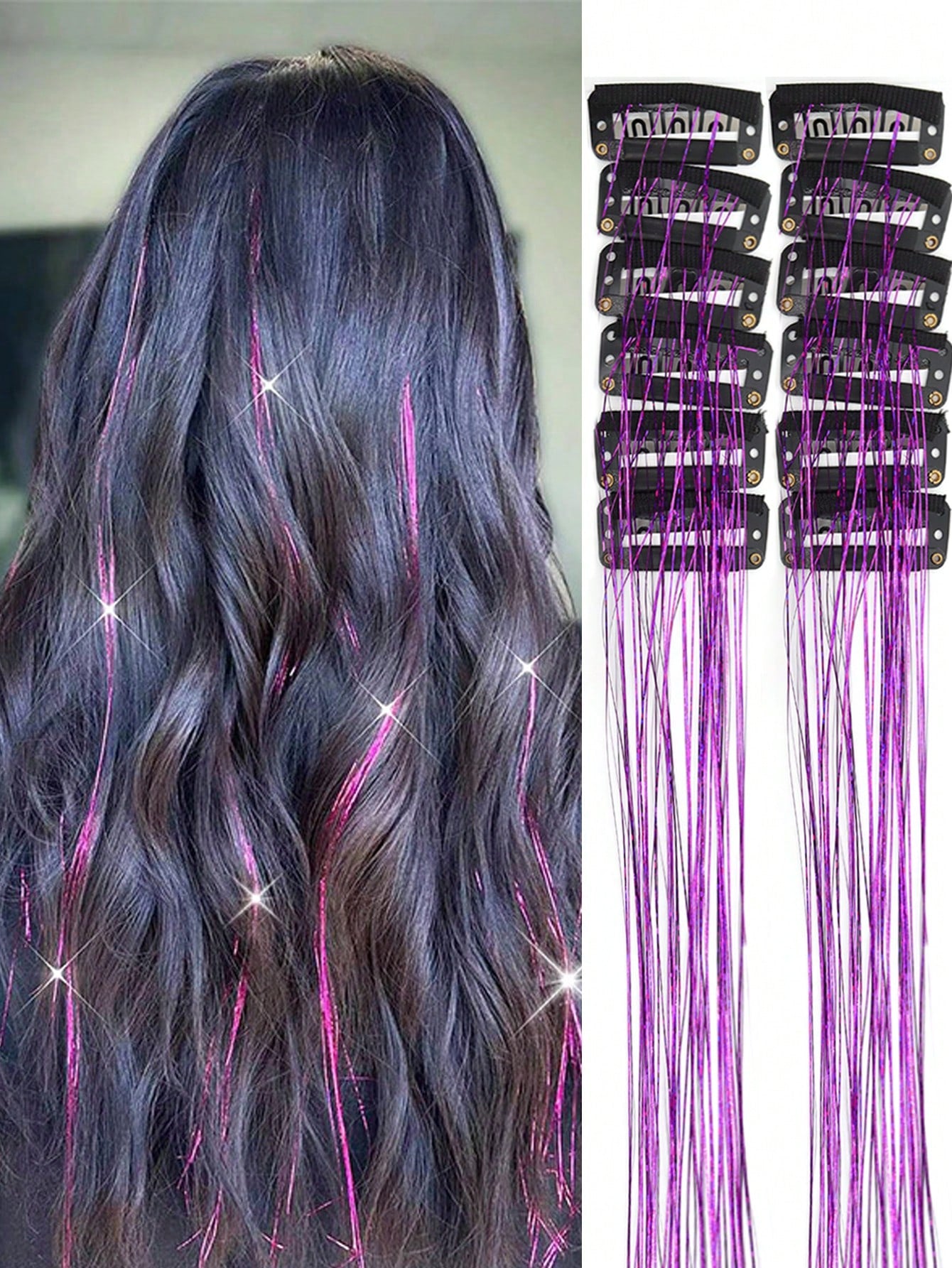 12-Piece Glittering Hair Clip Set, 20-Inch Clip-On Synthetic Hair Extensions, Heat-Resistant Fairy Hair Accessories, Perfect For Holidays And Parties